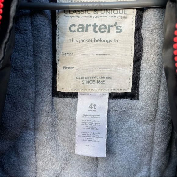 Carters Boys black gray and red zip up winter coat 4T - Picture 9 of 9